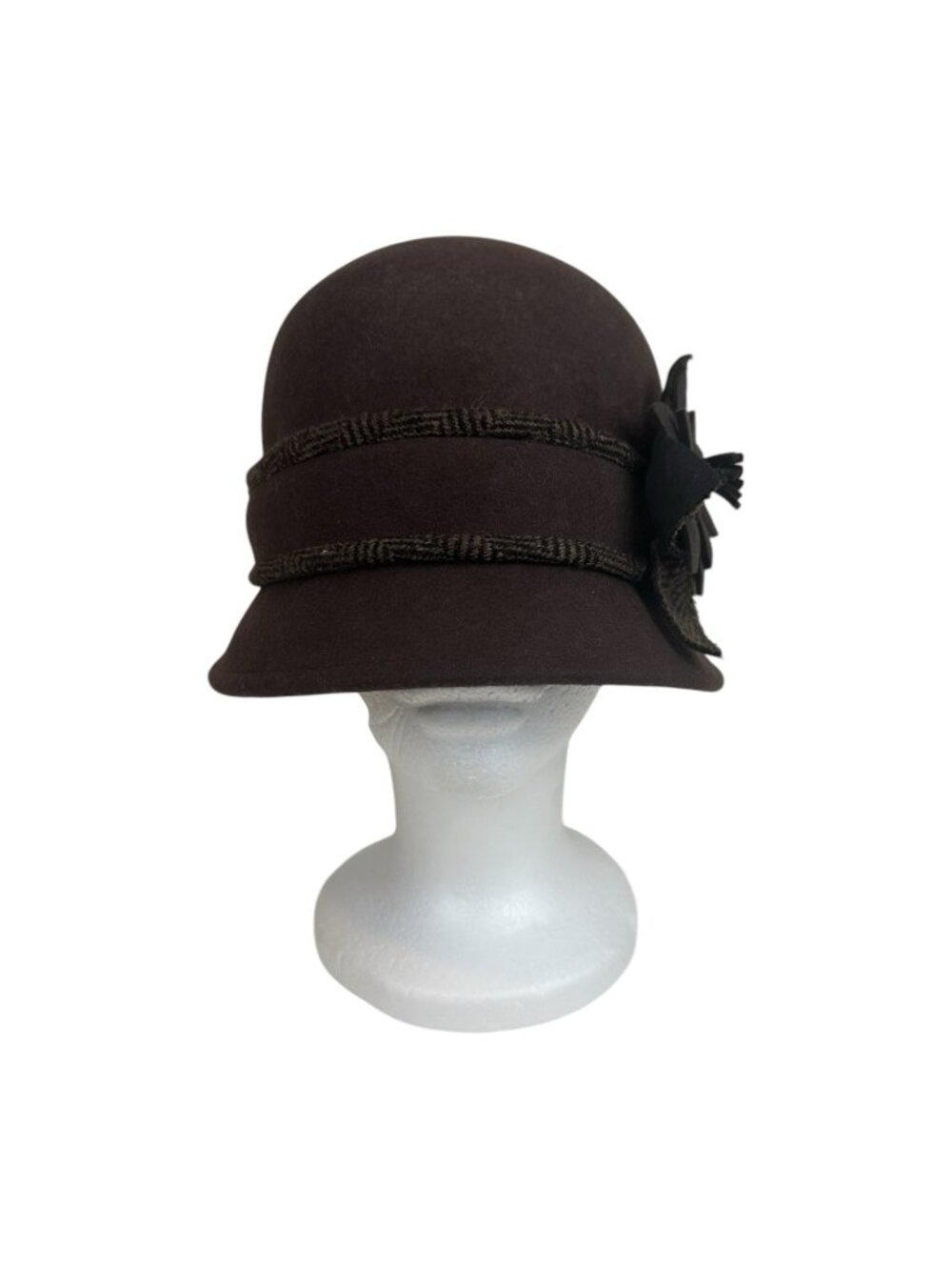 Scala Brown Wool Cloche Hat Floral Accent Vintage Inspired Retro